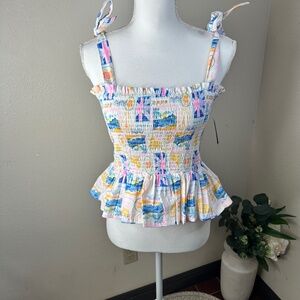 Haute Hippie Vacation-themed smocked cami Top sz Large